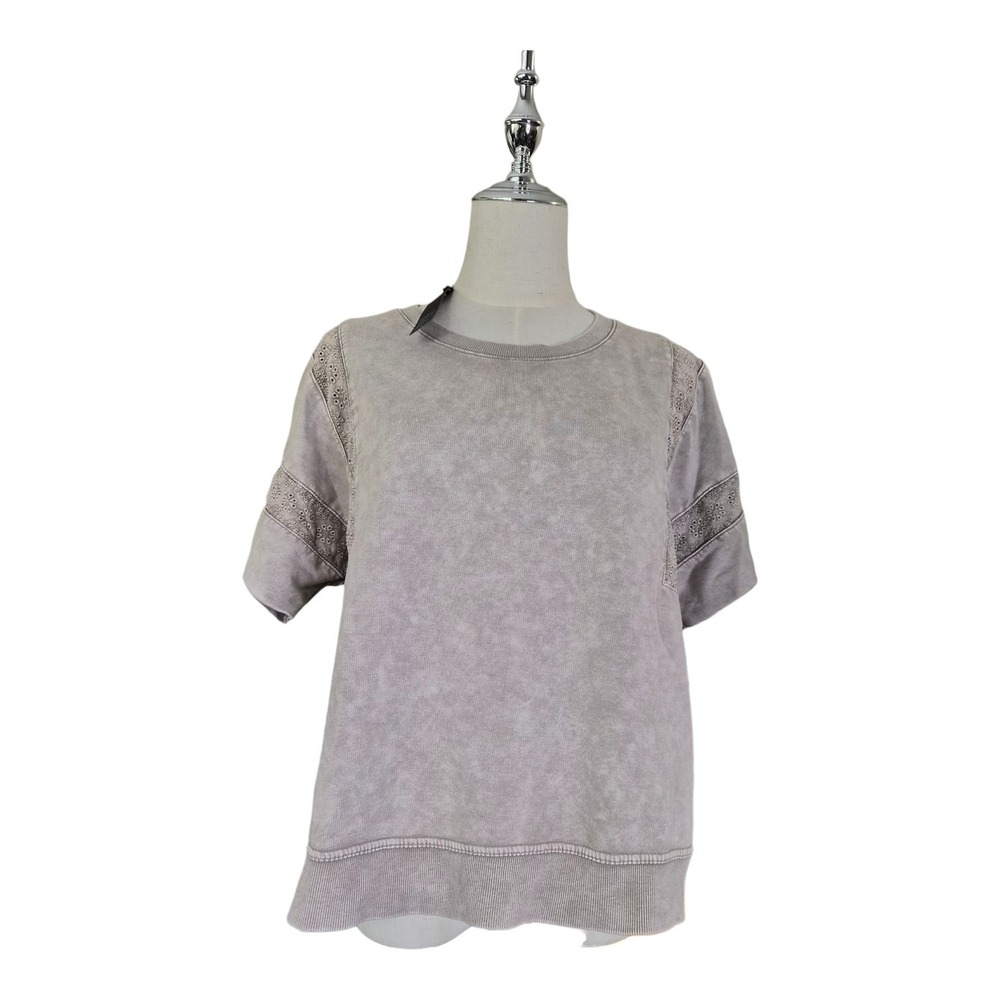 Jane + Delancey Mineral Wash Eyelet Sweatshirt Short Sleeve Gray Top Size Medium